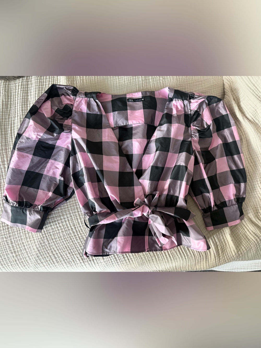 Zara Pink and Black Plaid faux Wrap Blouse with Puff Sleeves